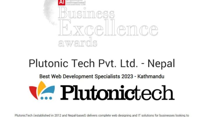 PlutonicTech has been awarded The Best Web Development Specialists 2023 - Kathmandu by Acquisition International(UK)